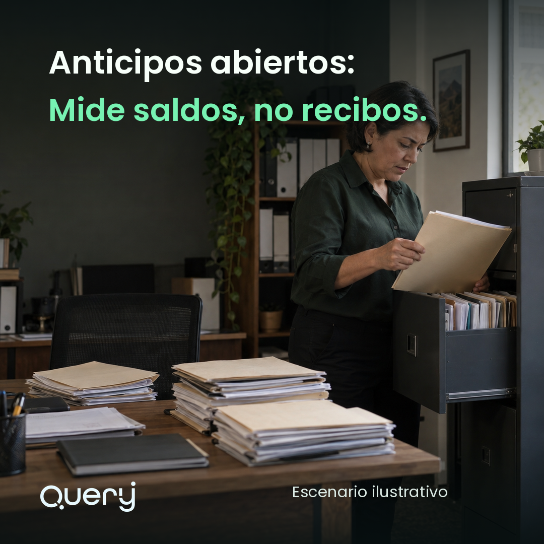 Anticipos abiertos: mide saldos, no recibos. Escenario ilustrativo.