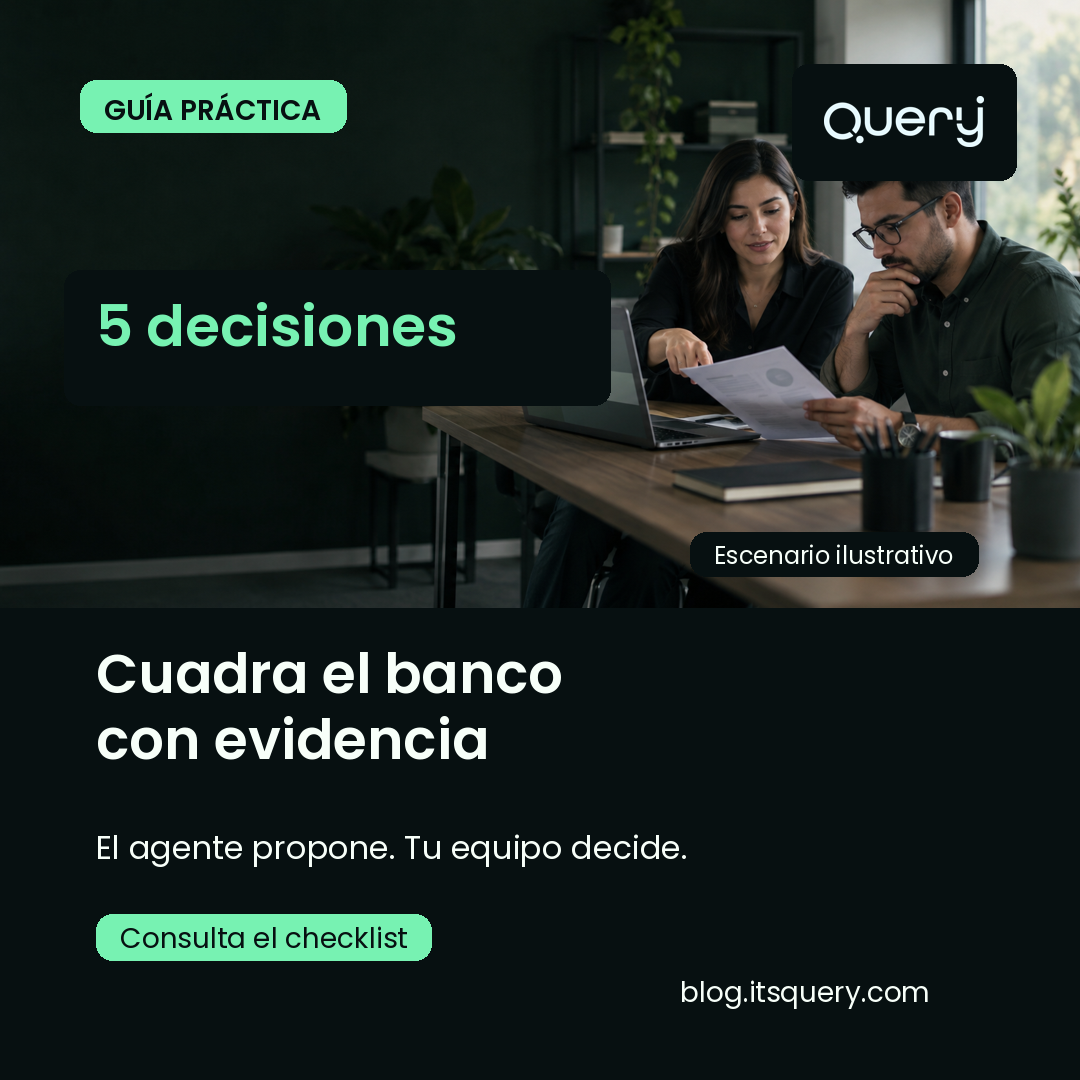 Escenario ilustrativo: equipo financiero revisando evidencias. Cinco decisiones para cuadrar el banco.
