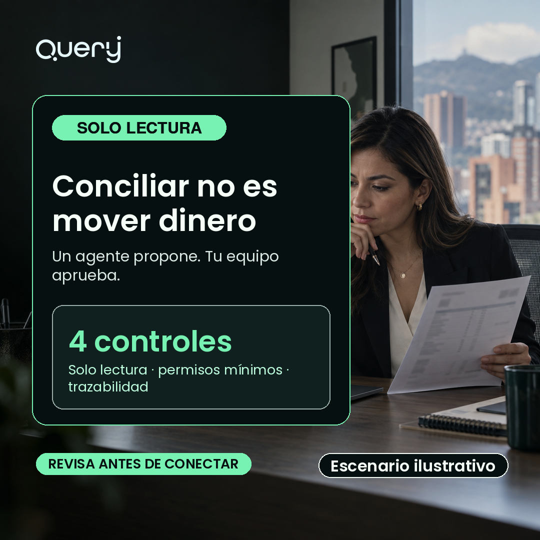 Escenario ilustrativo de una gerente financiera revisando una conciliación bancaria preparada por un agente, con cuatro controles de seguridad