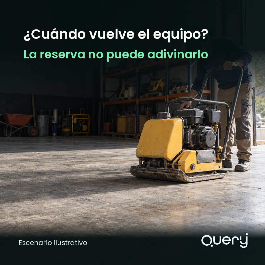 Equipo de alquiler en una bodega, pendiente de revisión al retorno. Escenario ilustrativo.